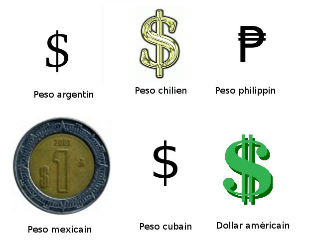 5 symboles de pesos, plus le symbole du dollar